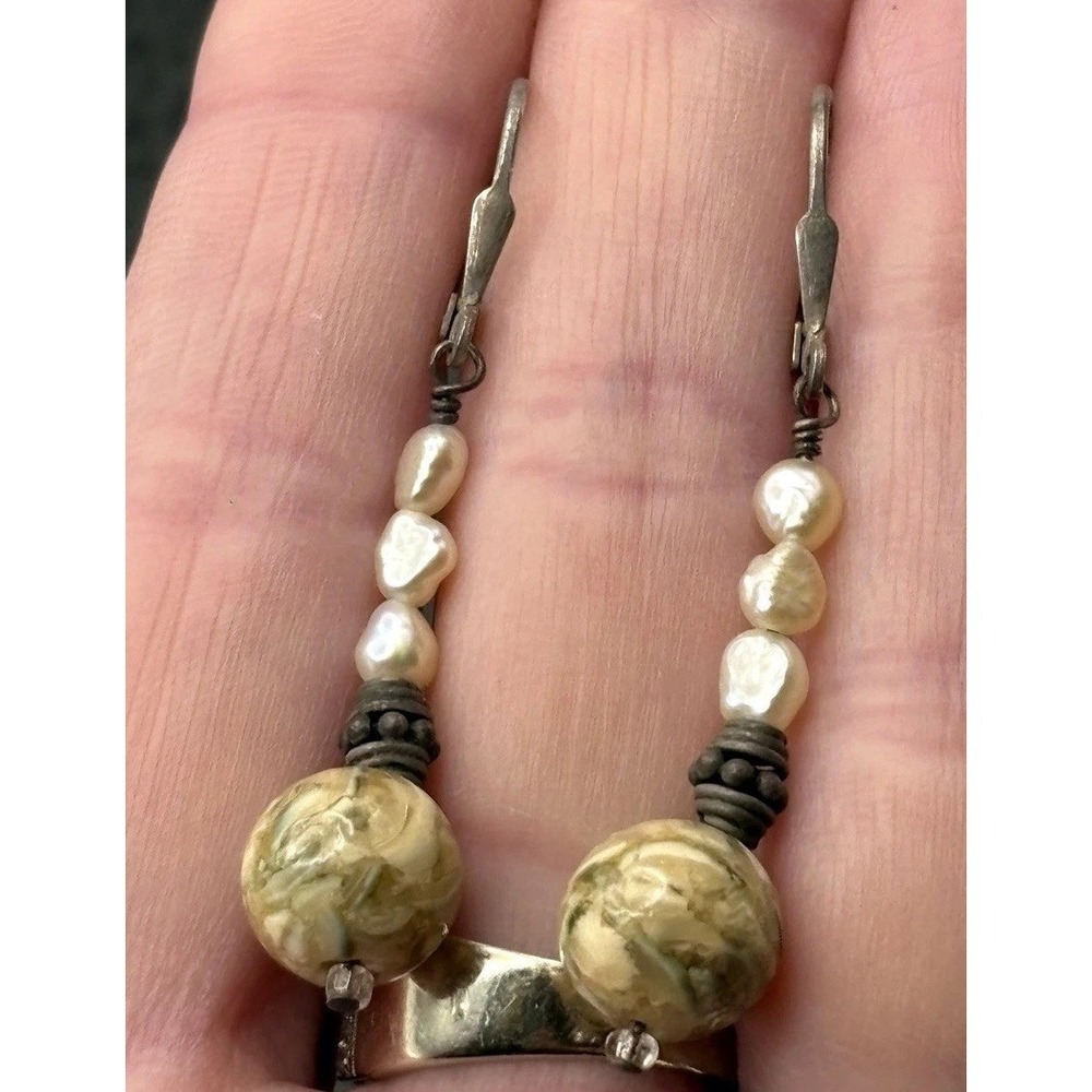 Vintage Rutilated Quartz Bali Sterling Silver Pearl Dangle Earrings
